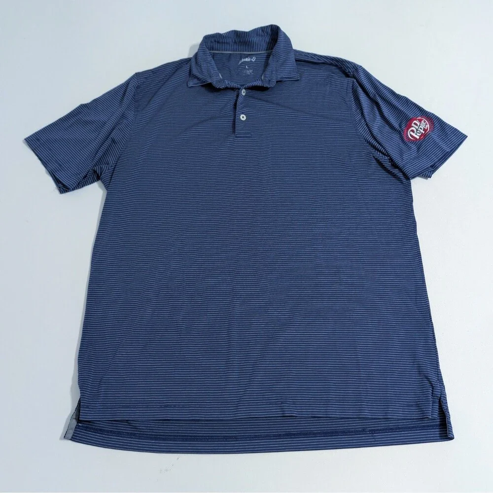 Johnnie-O Men's Navy Blue Stripped Performance Golf Polo Dr Pepper Logo L Large